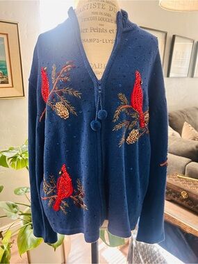 Tiara International embroidered cardinal holiday cardigan sweater
